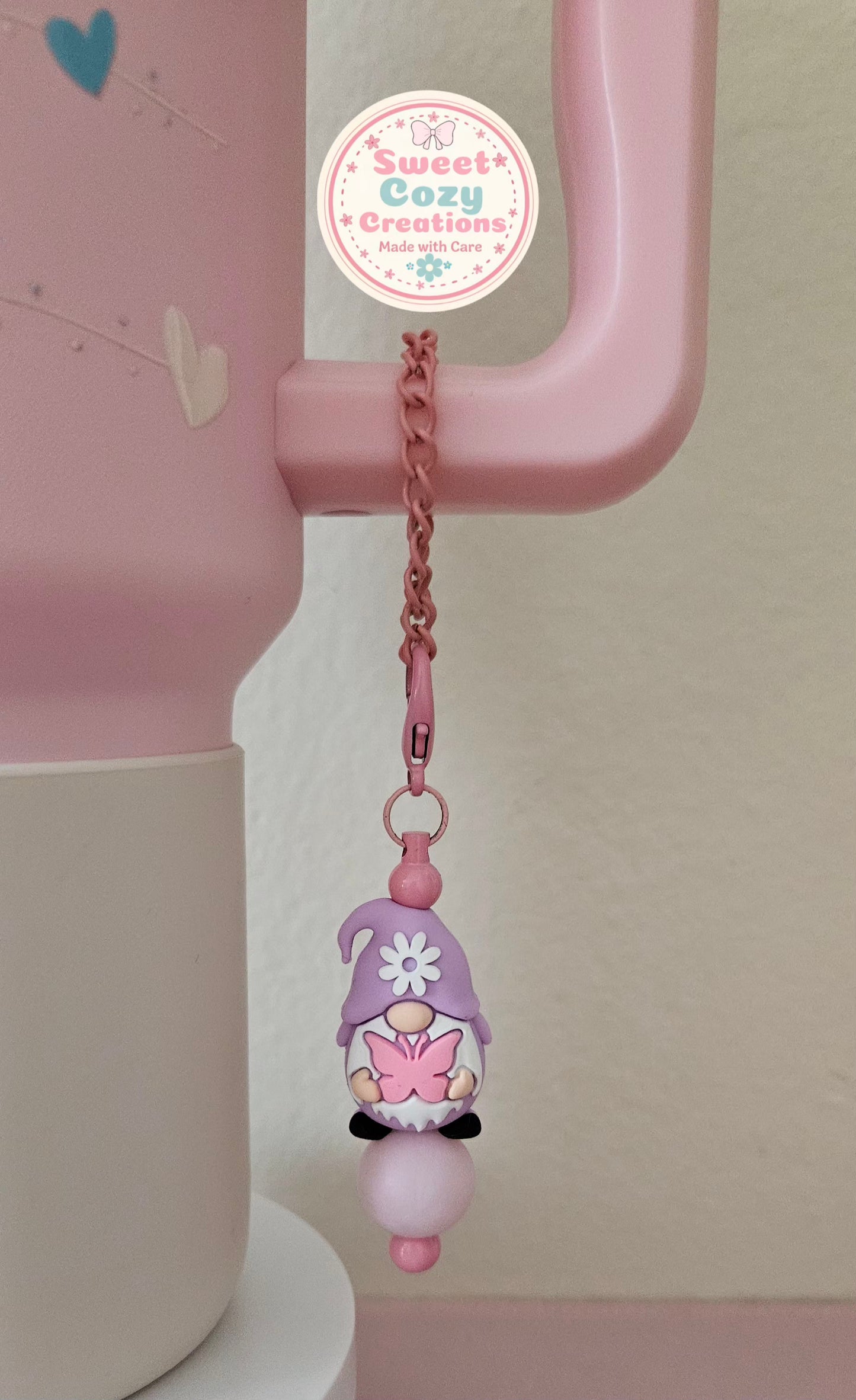 Purple hat Gnome Tumbler Charm on Pink Chain