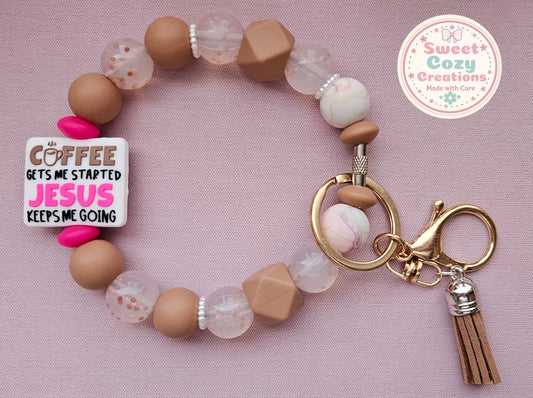 Coffee gets me started, Jesus keeps me going Wristlet