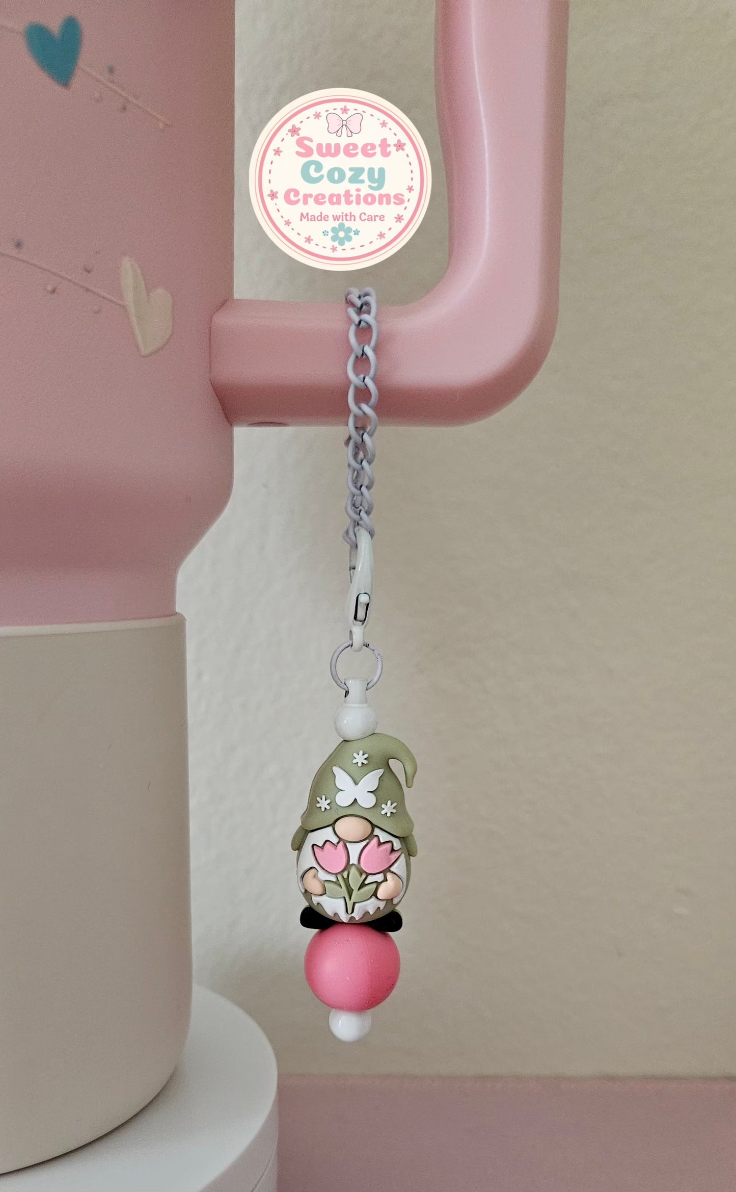 Green hat Gnome Tumbler Charm on White Chain