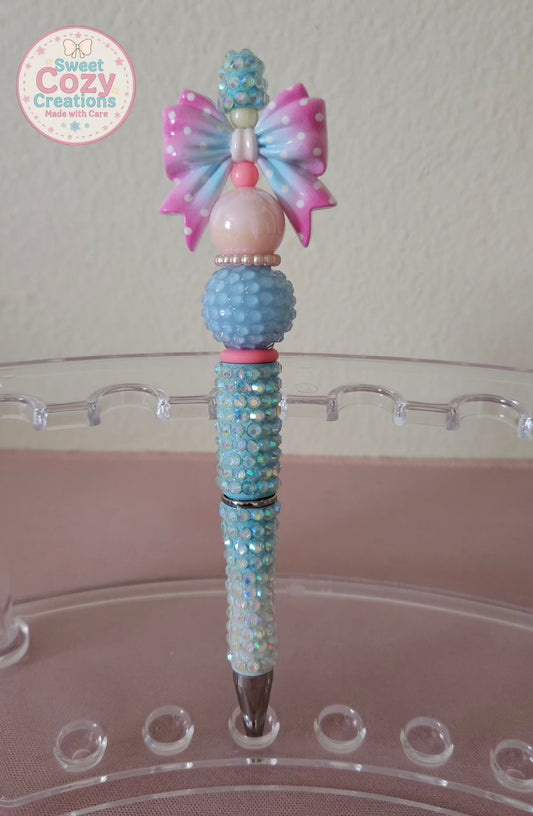 Blue & Pink Bow on Blue & White Fancy Pen